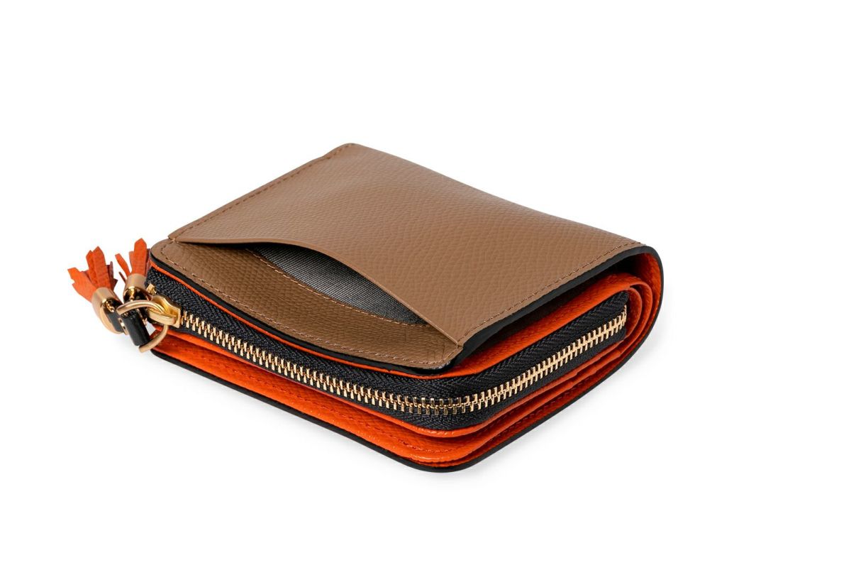 シキビー Lファスナー二つ折り財布 くるみ×だいだい