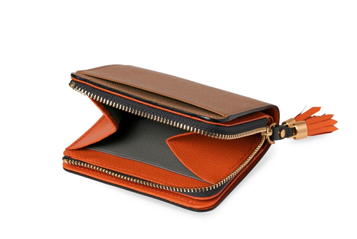 シキビー Lファスナー二つ折り財布 くるみ×だいだい