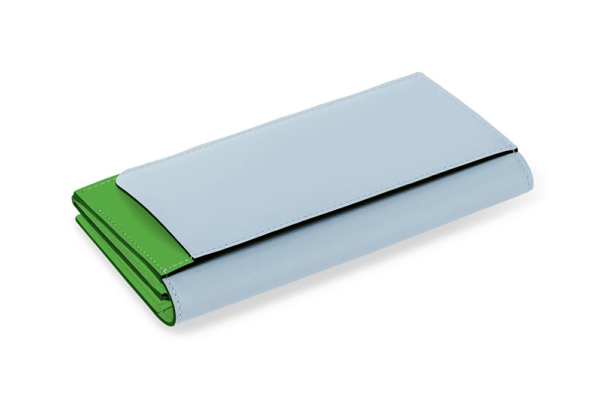 マリー 小銭入れ付きスリム長財布 スカイブルー×グリーン