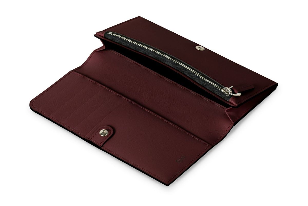 マリー 小銭入れ付きスリム長財布 ボルドー×ライトブルー