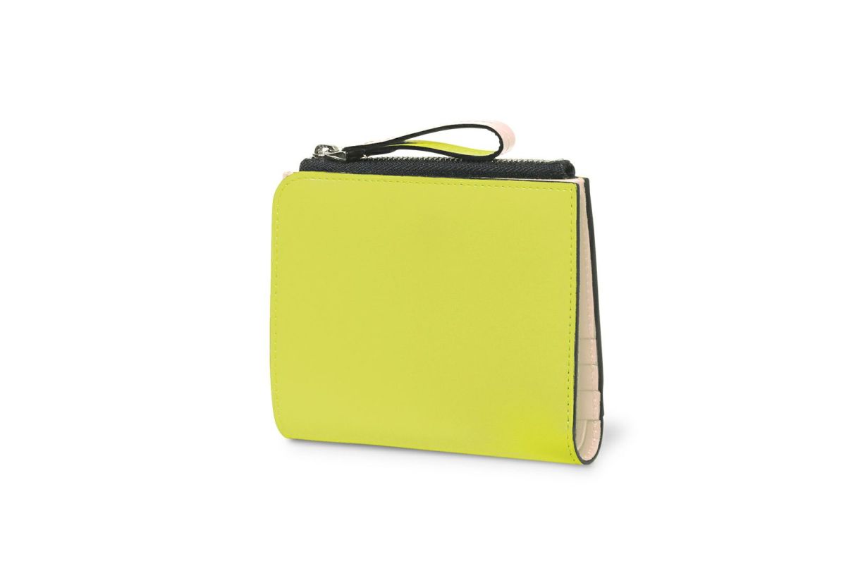 マリー Lファスナー二つ折り財布 ライム×ベージュピンク
