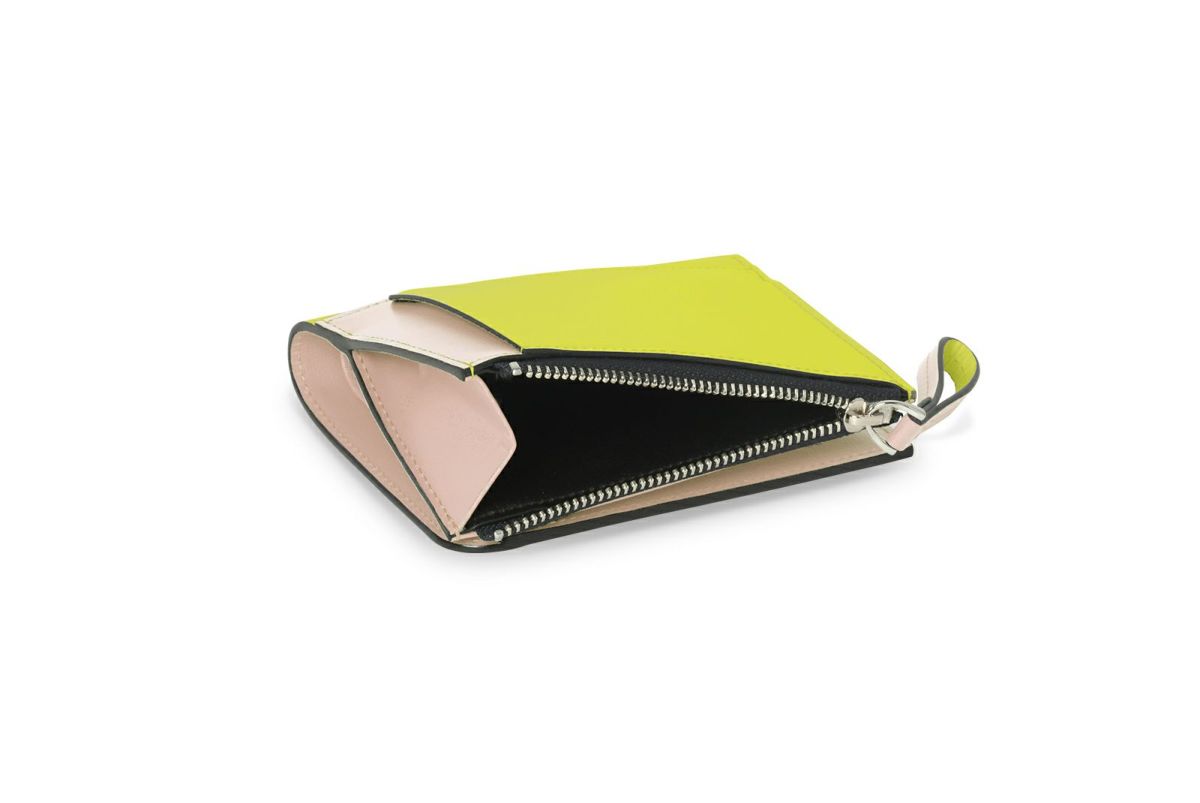 マリー Lファスナー二つ折り財布 ライム×ベージュピンク