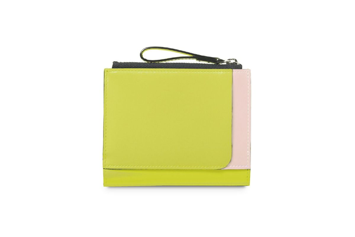 マリー Lファスナー二つ折り財布 ライム×ベージュピンク
