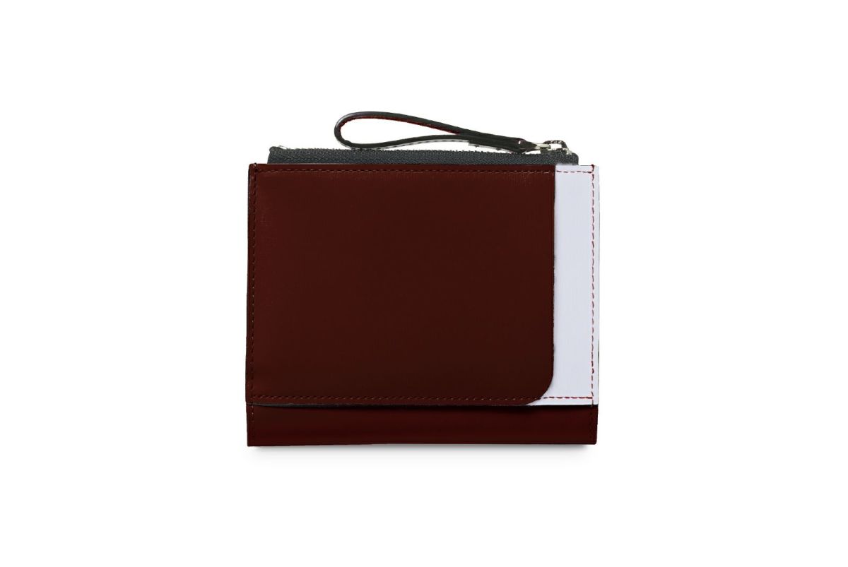 マリー Lファスナー二つ折り財布 ボルドー×ライトブルー